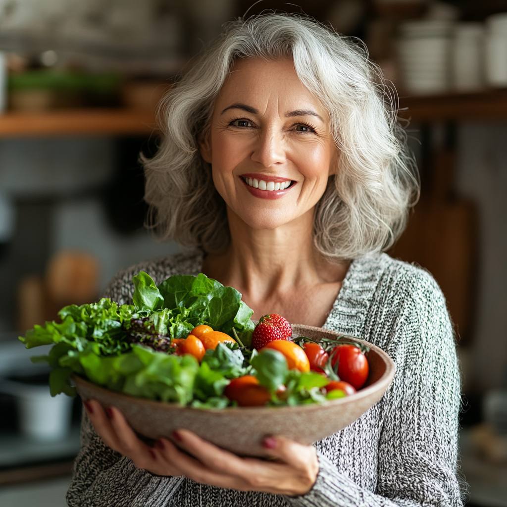 Щаслива жінка з здоровою їжею, що демонструє результати персоналізованого харчування